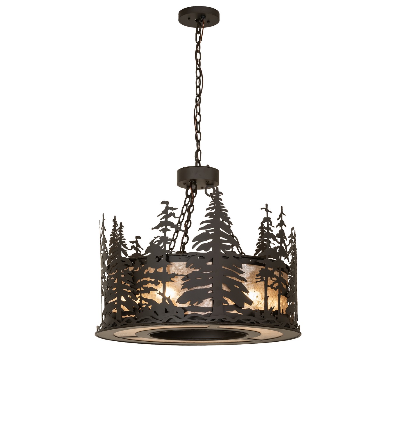 Every Meyda Tiffany item is a unique handcrafted work of art. Natural variations in the wide array of materials that we use to create each Meyda product make every item a masterpiece of its own. Photographs are a general representation of the product. Colors and designs will vary. Collection: Tall Pines Finish: Oil Rubbed Bronze Glass: Silver Mica Width: 30.00" Height: 26.00" Length: 30.00" Weight: 56.00 lb Number of Bulbs: 6 Maximum Wattage: 60.00 W Bulb Type: B11 Bulb Base: E12 Material: Steel Country of Origin: USA Safety Rating: Damp