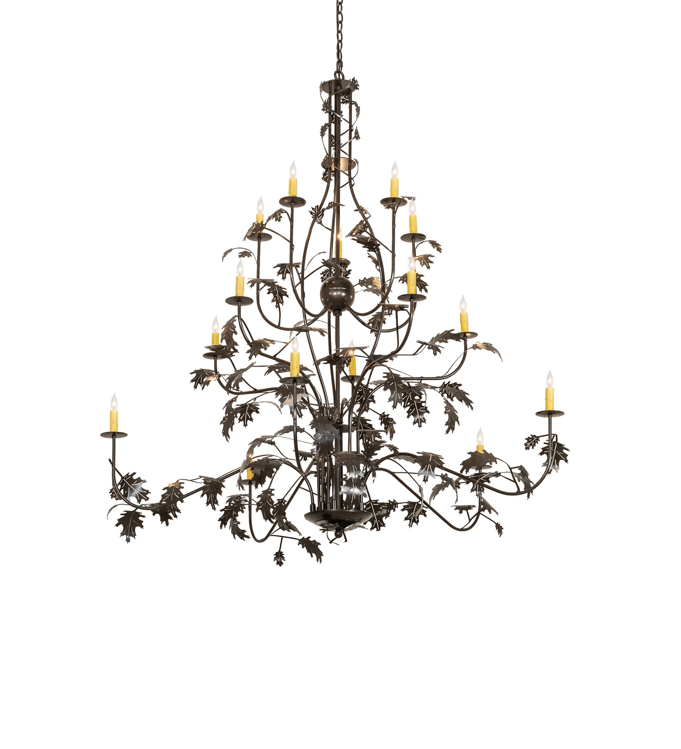 This elegantly rustic ceiling fixture features 15 Ivory faux candle lights that deliver beautiful ambient illumination. The chandelier is enhanced with Timeless Bronze-finished Oak leaf metal accents and hardware, handmade by highly skilled Meyda artisans. The charming fixture is ideal for dining areas and hallways, creating a handsome rustic design statement in residential and hospitality settings. The Oak Leaf Chandelier is included in our American-made, American-designed, handcrafted Nature-Inspired Lighting Collection, manufactured in Yorkville, New York. The fixture is UL and cUL listed for dry and damp locations. Upstate New York's adventurous playland, known as the Adirondack Mountains, with its many breathtaking forests, lakes, and rivers, is the spiritual birthplace of Meyda and inspires our rustic-themed collections. Collection: Oak Leaf Finish: Timeless Bronze Width: 60.00" Height: 65.00" Length: 60.00" Weight: 39.00 lb Number of Bulbs: 15 Maximum Wattage: 40.00 W Bulb Type: CA11 Bulb Base: E12 Material: Steel Country of Origin: USA Safety Rating: Damp