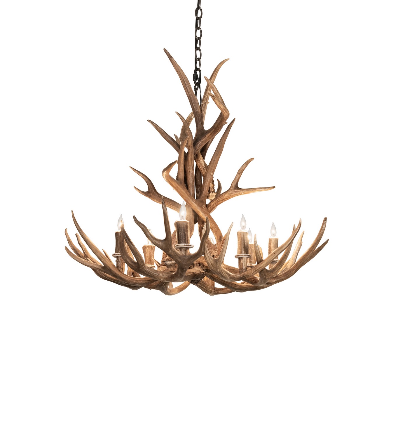 A stunning Mule Deer Antler design comes to light. Capture the rustic charm of naturally shed, hand-selected Mule Deer Antlers with this fixture. No animals are harmed, and all Antlers are 100 percent authentic. This stunning chandelier is adorned with eight complementary faux candle lights that cast beautiful ambient light. The fixture is enhanced with a Timeless Bronze finish. The overall height range is 31 to 69 inches and can be easily adjusted on-location, additional chain can be requested when ordering. The Antlers Mule Deer Chandelier is featured in our American- manufactured, American-designed Antlers Lighting Collection and is made in the United States. The fixture is UL and cUL listed for dry and damp locations, and is handcrafted using sustainably harvested, naturally shed Antlers. No two antlers are precisely alike, and natural variations may be expected from each one-of-a-kind piece. Collection: Antlers Finish: Timeless Bronze Width: 32.00" Height: 31.00" Length: 32.00" Weight: 20.00 lb Number of Bulbs: 8 Maximum Wattage: 40.00 W Bulb Type: BA9 Bulb Base: E12 Material: Steel/Antler Country of Origin: USA Safety Rating: Damp