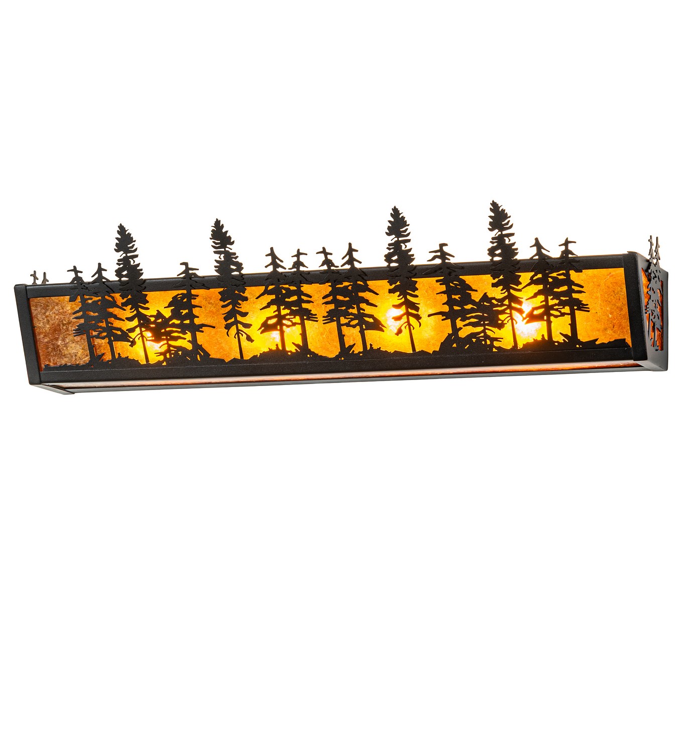 Every Meyda Tiffany item is a unique handcrafted work of art. Natural variations in the wide array of materials that we use to create each Meyda product make every item a masterpiece of its own. Photographs are a general representation of the product. Colors and designs will vary. Collection: Tall Pines Finish: Textured Black Glass: Amber Mica Width: 30.00" Height: 7.50" Length: 5.50" Weight: 8.00 lb Number of Bulbs: 4 Maximum Wattage: 60.00 W Bulb Type: A19 Bulb Base: E26 Material: Steel Country of Origin: USA Safety Rating: Damp