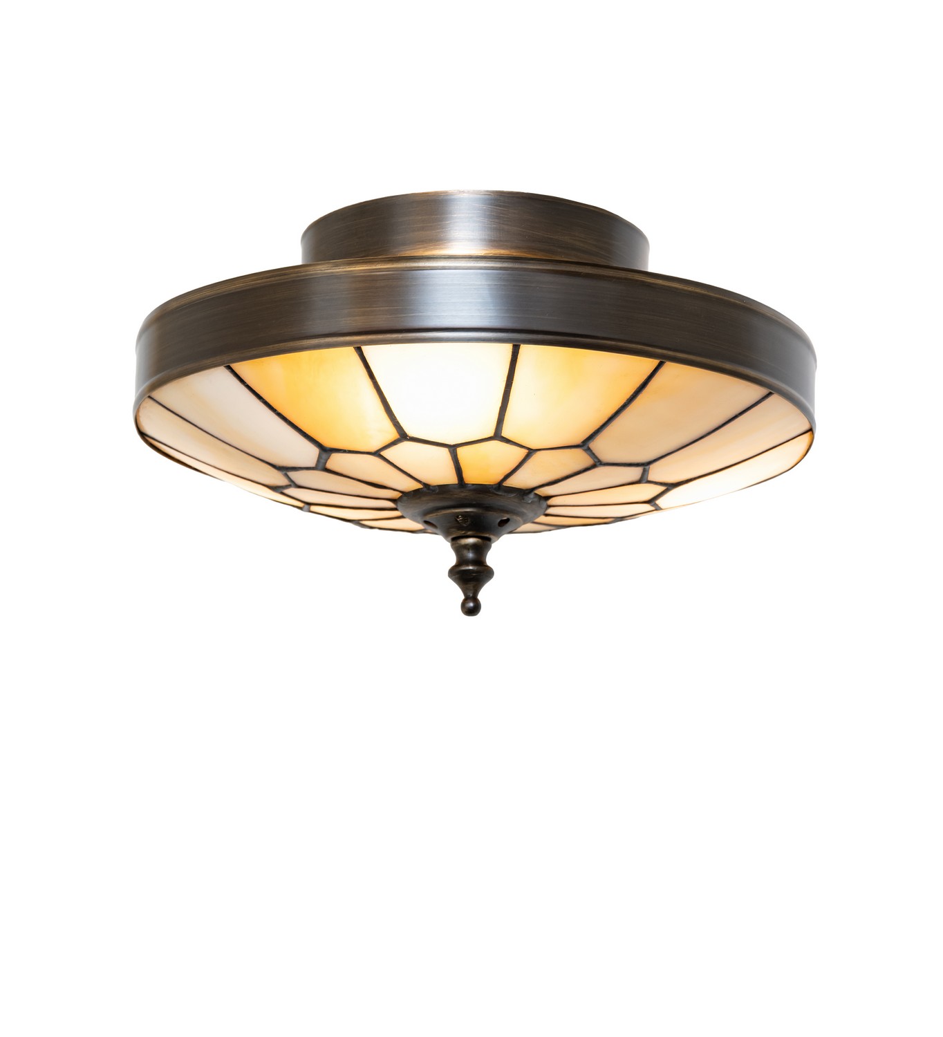 Every Meyda Tiffany item is a unique handcrafted work of art. Natural variations in the wide array of materials that we use to create each Meyda product make every item a masterpiece of its own. Photographs are a general representation of the product. Colors and designs will vary. Collection: Vincent Finish: Hi-Lited Craftsman Brown Hi-Lited Craftsman Brown Glass: Beige Glass Width: 10.00" Height: 6.00" Length: 10.00" Weight: 3.50 lb Number of Bulbs: 3 Maximum Wattage: 60.00 W Bulb Type: BA9 Bulb Base: E12 Material: Brass Country of Origin: USA Safety Rating: Damp