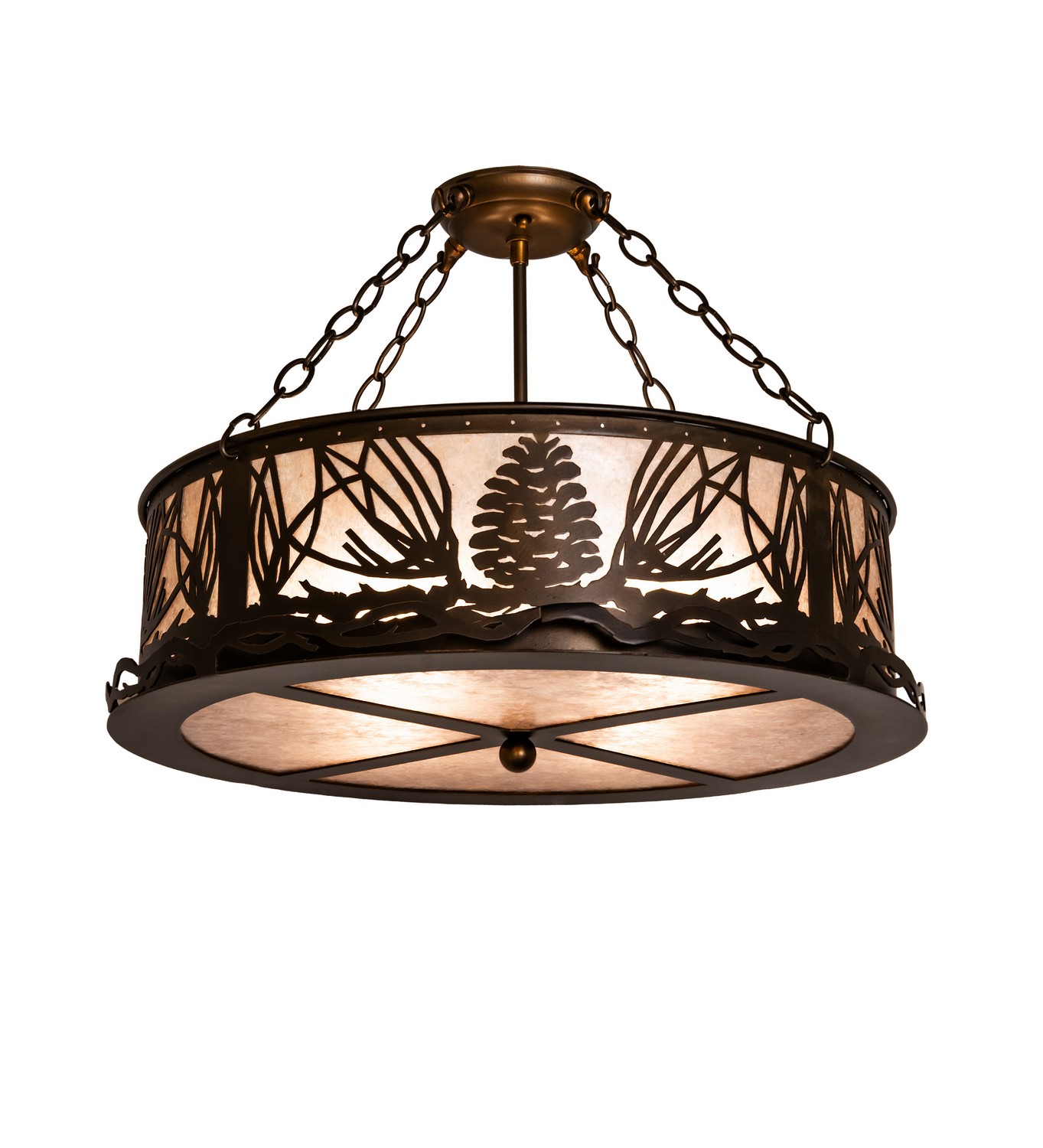 Every Meyda Tiffany item is a unique handcrafted work of art. Natural variations in the wide array of materials that we use to create each Meyda product make every item a masterpiece of its own. Photographs are a general representation of the product. Colors and designs will vary. Collection: Mountain Pine Finish: Antique Copper Glass: Silver Mica Width: 22.00" Height: 16.50" Length: 22.00" Weight: 11.00 lb Number of Bulbs: 4 Maximum Wattage: 60.00 W Bulb Type: A19 Bulb Base: E26 Material: Steel Country of Origin: USA Safety Rating: Damp