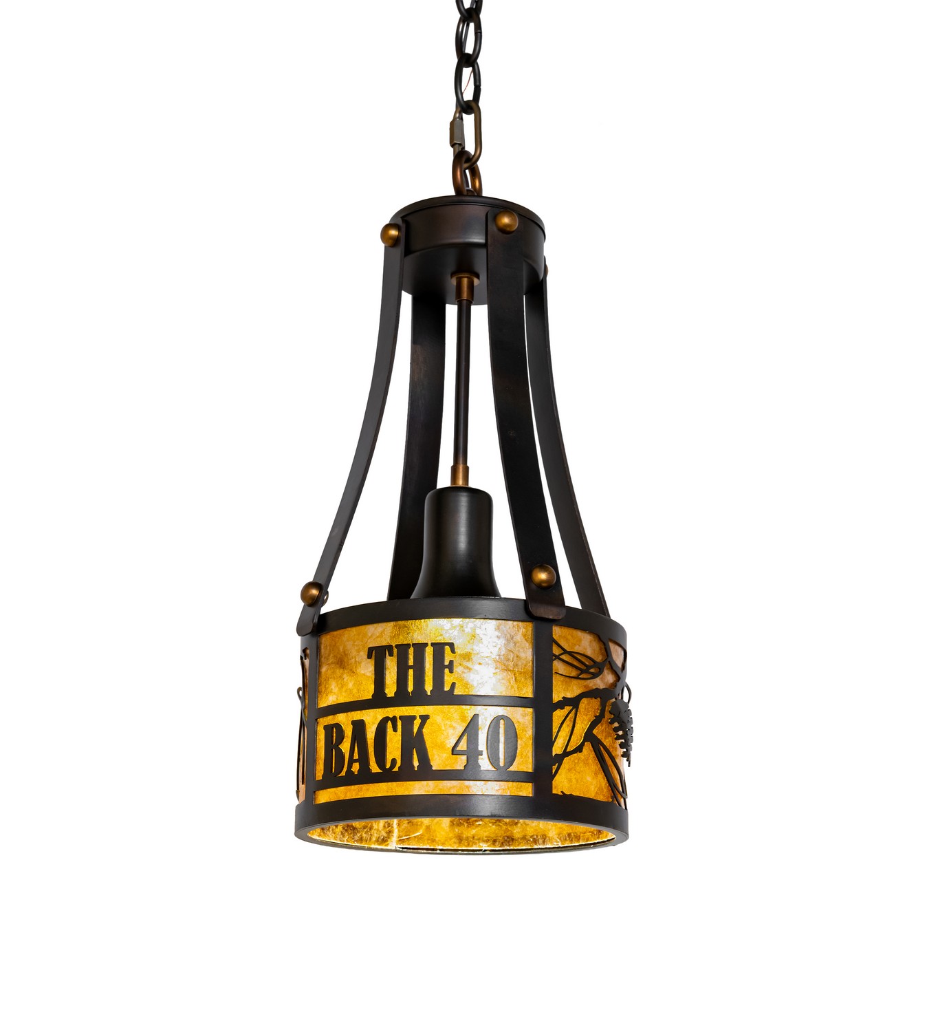 This Craftsman-styled mini pendant is personalized with the L&R logo and graphics featured in a handsome Dark Burnished Antique Copper finish. Soft ambient light is diffused beautifully through the Amber Mica lens. The fixture is perfect for installation in groups above bars, islands, counters, and tables. The overall height ranges from 23 to 54 inches as the chain can be easily adjusted on location. The Personalized Willows Wall Sconce is included in our American-made, American-designed, handcrafted Personalized Collection and manufactured in Yorkville, New York. The fixture is UL and cUL listed for dry and damp locations. This lighting fixture can be ordered by calling us and adding your business logo or family name for your next project. Please call for pricing and lead time. Collection: Personalized Finish: Dark Burnished Antique Copper Glass: Amber Mica Width: 8.00" Height: 21.00" Length: 8.00" Weight: 6.00 lb Number of Bulbs: 1 Maximum Wattage: 50.00 W Bulb Type: MR16 Bulb Base: E26 Material: Steel Country of Origin: USA Safety Rating: Damp