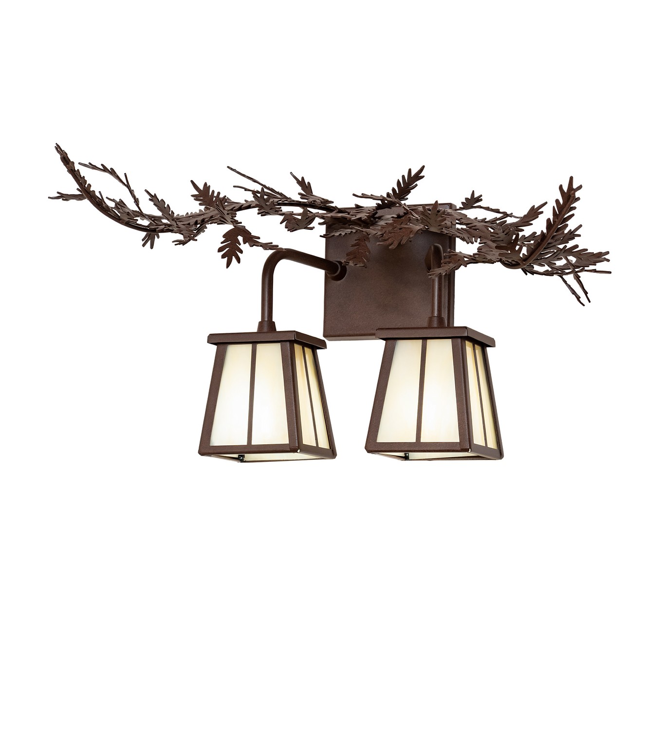 Every Meyda Tiffany item is a unique handcrafted work of art. Natural variations in the wide array of materials that we use to create each Meyda product make every item a masterpiece of its own. Photographs are a general representation of the product. Colors and designs will vary. Collection: Pine Branch Finish: Cafe Noir Glass: Sahara Taupe Idalight Width: 17.00" Height: 10.00" Length: 12.00" Weight: 4.00 lb Number of Bulbs: 2 Maximum Wattage: 40.00 W Bulb Type: T4 Bulb Base: G9 Material: Steel Country of Origin: USA Safety Rating: Damp