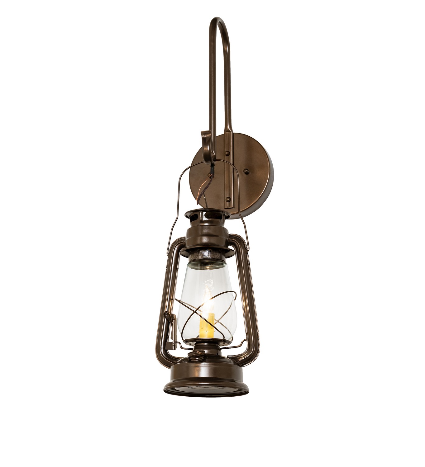 Every Meyda Tiffany item is a unique handcrafted work of art. Natural variations in the wide array of materials that we use to create each Meyda product make every item a masterpiece of its own. Photographs are a general representation of the product. Colors and designs will vary. Collection: Miners Lantern Finish: Brown Bronze Glass: Clear Glass Width: 7.00" Height: 26.00" Length: 8.25" Weight: 2.00 lb Number of Bulbs: 1 Maximum Wattage: 60.00 W Bulb Type: BA9 Bulb Base: E12 Material: Steel Country of Origin: USA Safety Rating: Damp