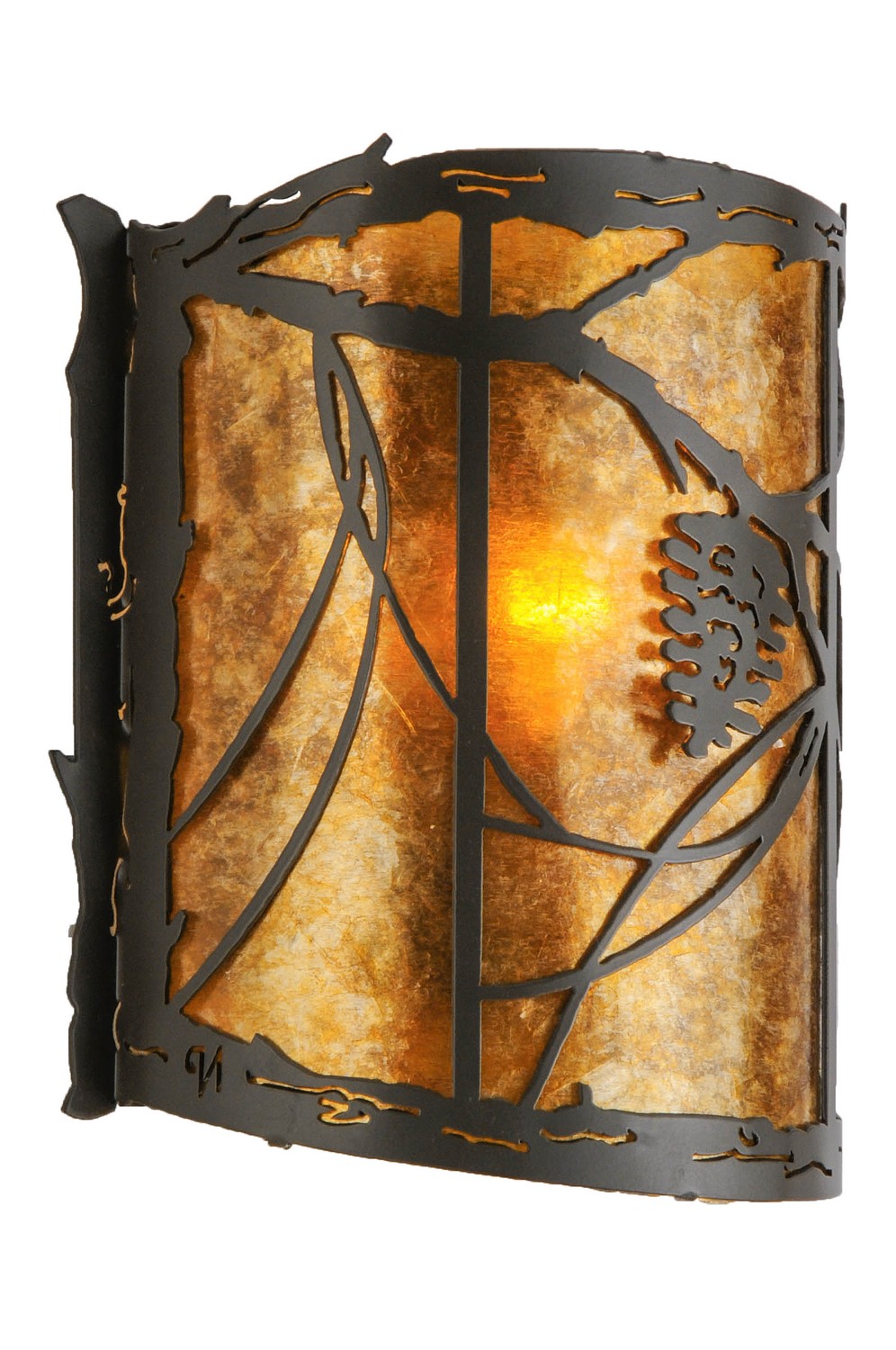 Listen closely. You can almost hear the soft whisper of the pine branches as they dance in the wind. Enjoy the warm ambiance of soft, beautiful light diffused through Amber Mica panels featuring stunning pinecone and pine branch designs. Hand-finished in handsome Timeless Bronze and handcrafted by Meyda Artisans in Yorkville, New York. For a complete design statement, add model 114446, the 9 Wide Whispering Pines Left Wall Sconce. The 9" Wide Whispering Pines Wall Sconces are included in the Nature Inspired Collection, which is manufactured in Yorkville. UL and cUL listed for dry and damp locations." Collection: Whispering Pines Finish: Timeless Bronze Glass: Amber Mica Width: 9.00" Height: 9.75" Length: 4.00" Weight: 2.00 lb Number of Bulbs: 1 Maximum Wattage: 60.00 W Bulb Type: A15 Bulb Base: E26 Material: Steel Country of Origin: USA Safety Rating: Damp