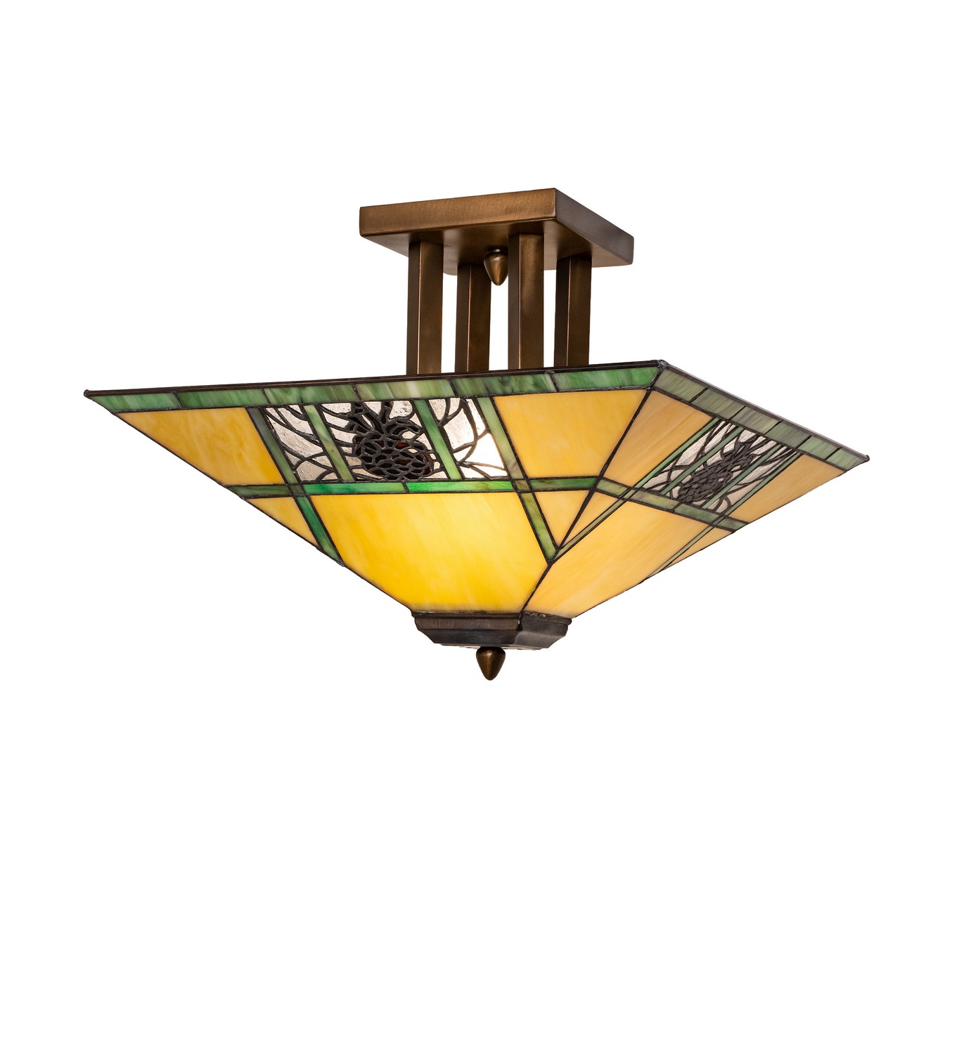 Every Meyda Tiffany item is a unique handcrafted work of art. Natural variations in the wide array of materials that we use to create each Meyda product make every item a masterpiece of its own. Photographs are a general representation of the product. Colors and designs will vary. Collection: Pinecone Ridge Finish: Antique Copper Glass: Stained Glass Width: 24.00" Height: 13.00" Length: 17.00" Weight: 7.50 lb Number of Bulbs: 2 Maximum Wattage: 60.00 W Bulb Type: A19 Bulb Base: E26 Material: Steel Country of Origin: CHINA Safety Rating: Damp
