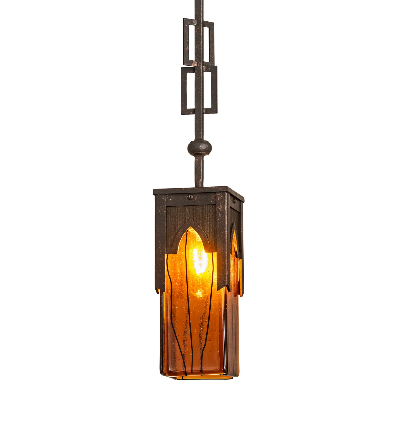 This striking ceiling pendant reveals a decorative steel frame designed with a front facing that features a handsome wood grain look. Gilded Tobacco finished steel hardware is combined with Smokey Topaz fused glass that is highlighted with striated lines for a stunning effect. Place in multiples across a counter, island or bars in a variety of residential or commercial locations. Custom crafted in the USA, this pendant is available in custom sizes, designs, and colors, and with dimmable energy efficient lamping options. The fixture is UL and cUL listed for dry and damp locations. Collection: Bellver Finish: Gilded Tobacco Glass: Fused Topaz Width: 7.00" Height: 44.00" Length: 5.00" Weight: 9.50 lb Number of Bulbs: 1 Maximum Wattage: 60.00 W Bulb Type: A19 Bulb Base: E26 Material: Steel/Wood Country of Origin: USA Safety Rating: Damp