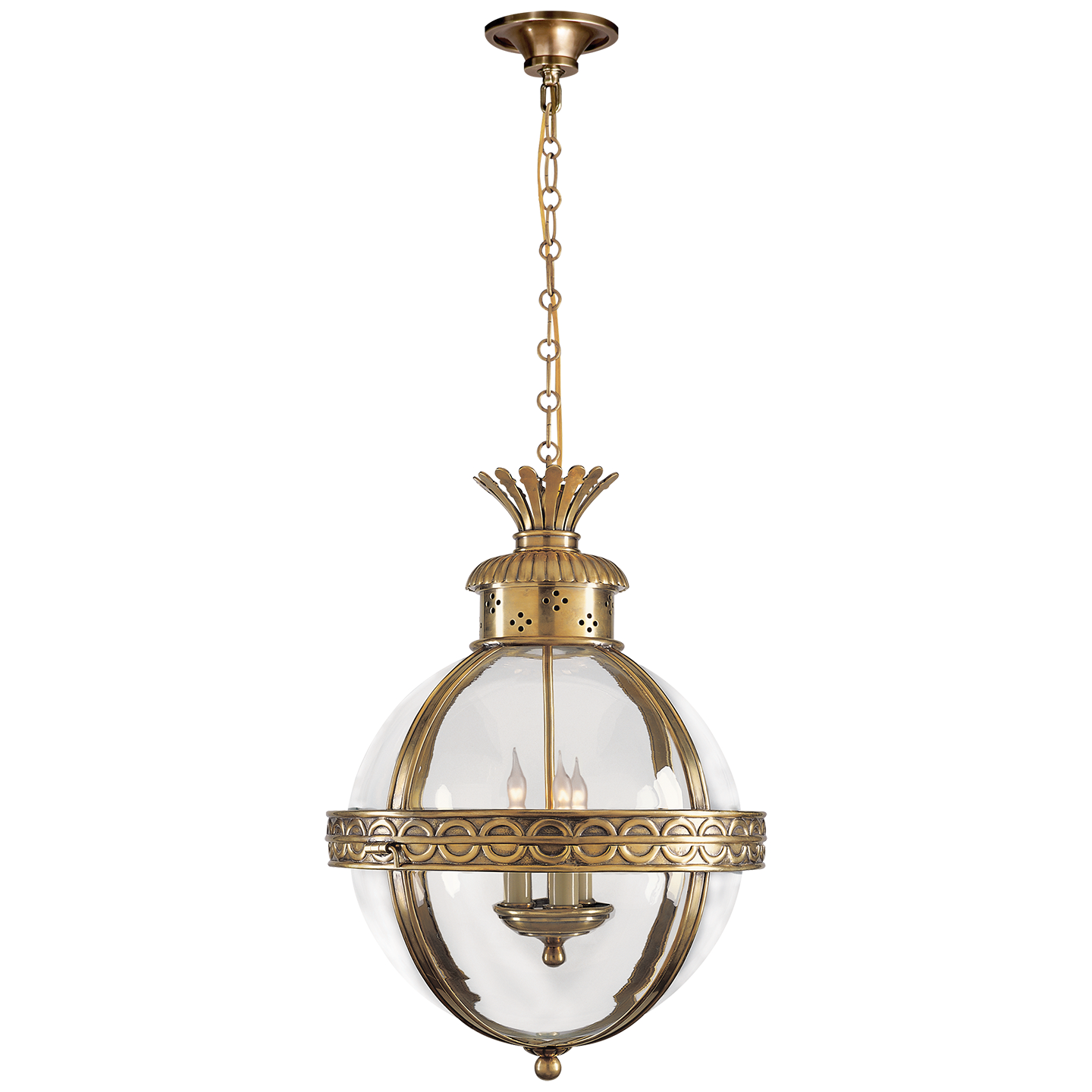 Visual Comfort Signature Crown Top Globe Three Light Lantern in Antique-Burnished Brass - CHC 2111AB-CG
