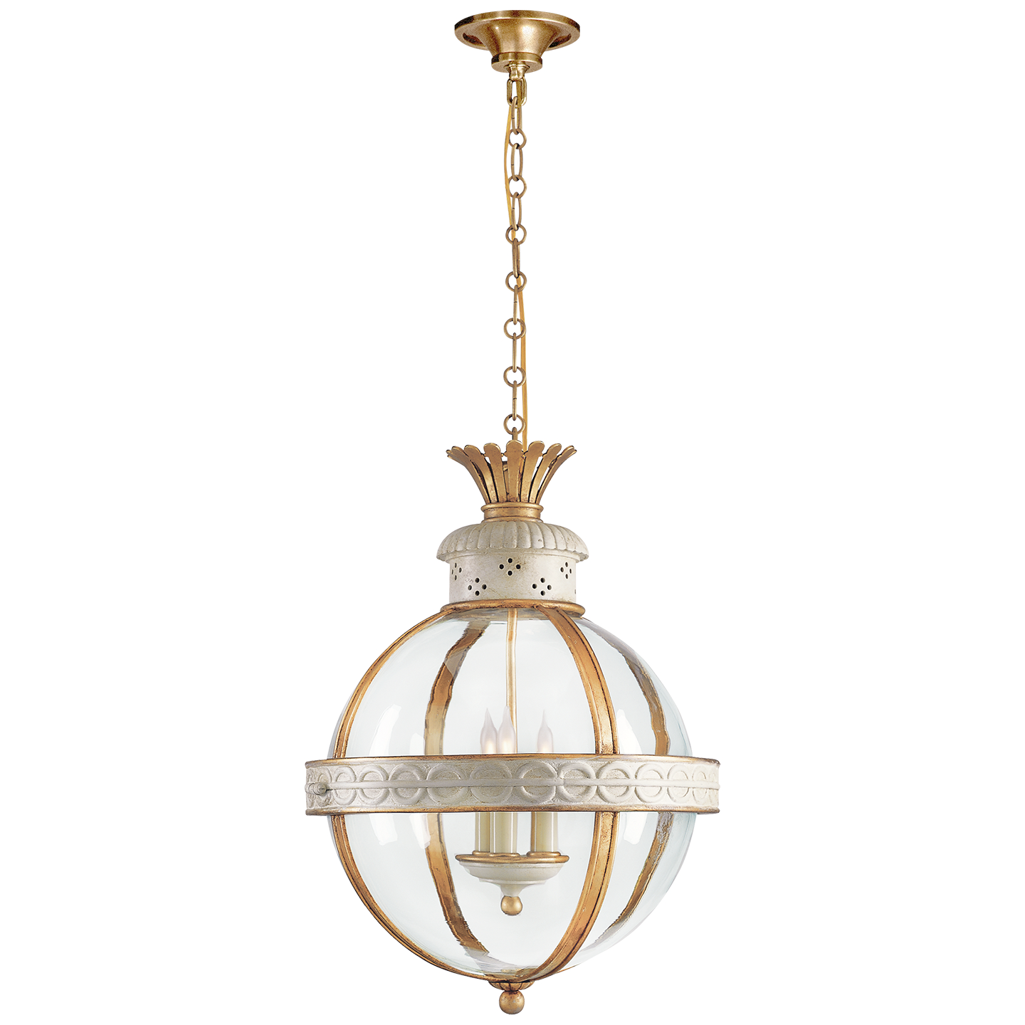 Visual Comfort Signature Crown Top Globe Three Light Lantern in Antique White - CHC 2111AW-CG
