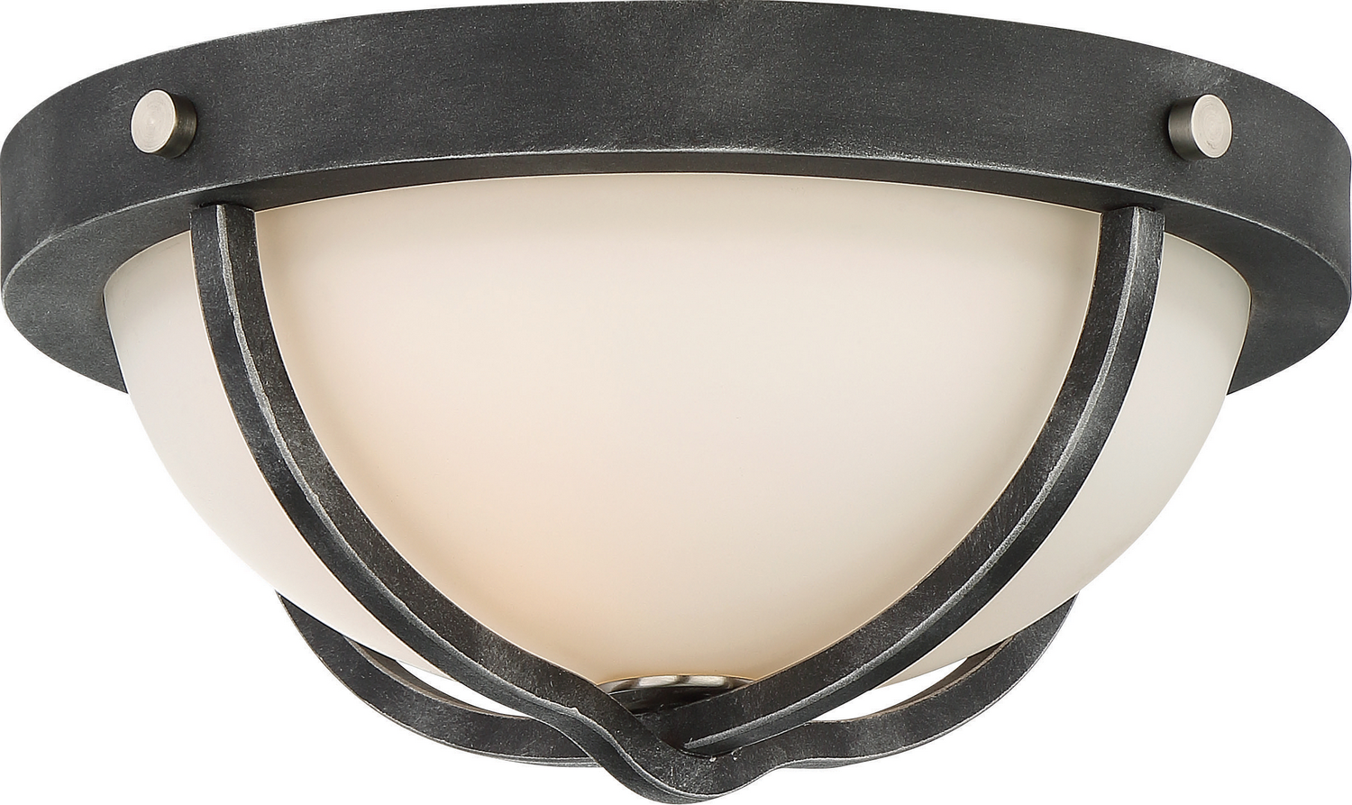 NUVO 60-6126 2 LIGHT; SHERWOOD FLUSH MOUNT FIXTURE; IRON BLACK WITH BRUSHED NICKEL ACCENTS FINISH; FROSTED ETCHED GLASS NICKEL ACCENTS 2-60W/M