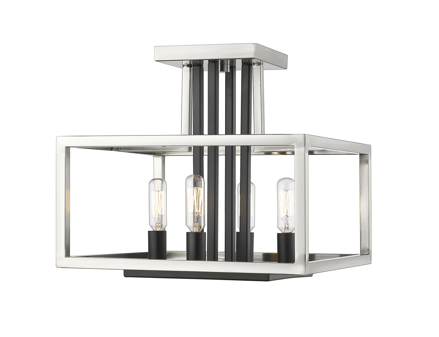Four Light Semi Flush Mount by Z-Lite - Quadra Collection, Brushed Nickel + Matte Black Finish - 456SF-BN-BK