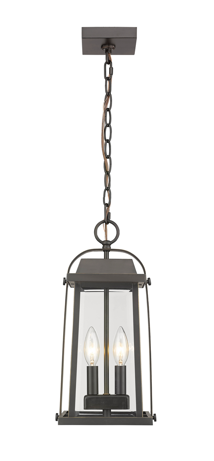 Two Light Outdoor Chain Mount Ceiling Fixture by Z-Lite - Millworks Collection, Oil Rubbed Bronze Finish - 574CHM-ORB