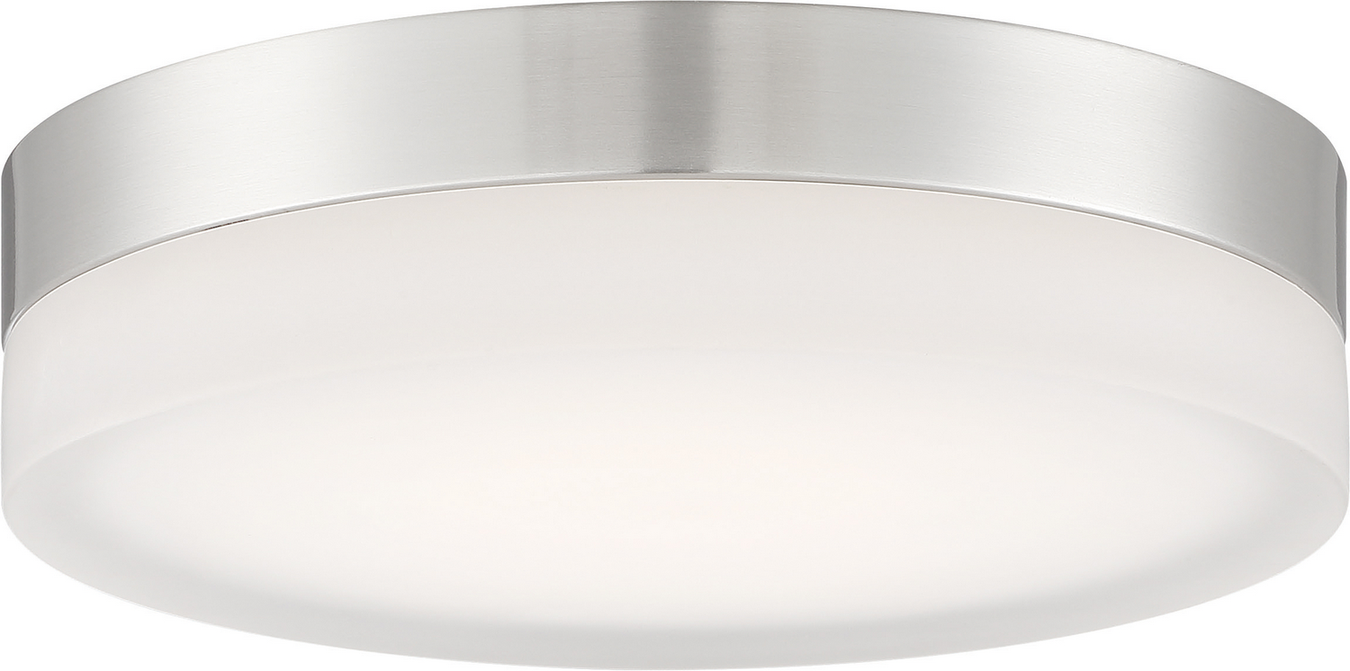 Satco's Pi 14 inch integrated LED flush mount features round white etched glass with a brushed nickel accent, offering a clean aesthetic, superior light quality and energy savings that can go anywhere. Illuminate kitchens, bathrooms, hallways, and office spaces with this sleek, round flush mount fixture. Dimmable and long-lasting, this fixture delivers 50,000 hours of warm white light.