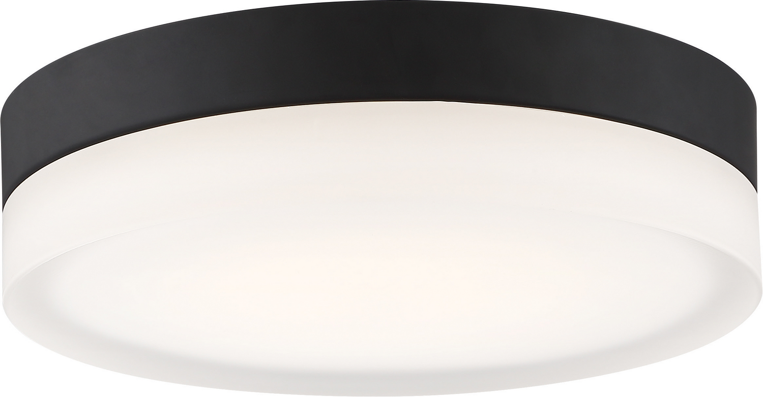 Satco's Pi 11 inch integrated LED flush mount features round white etched glass with a black accent, offering a clean aesthetic, superior light quality and energy savings that can go anywhere. Illuminate kitchens, bathrooms, hallways, and office spaces with this sleek, round flush mount fixture. Dimmable and long-lasting, this fixture delivers 50,000 hours of warm white light.