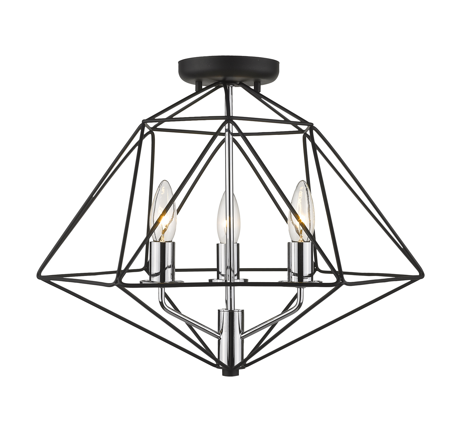 Three Light Semi Flush Mount by Z-Lite - Geo Collection, Matte Black + Chrome Finish - 918SF-MB-CH