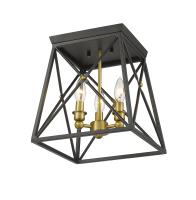 Three Light Flush Mount by Z-Lite - Trestle Collection, Matte Black + Olde Brass Finish - 447F11-MB-OBR