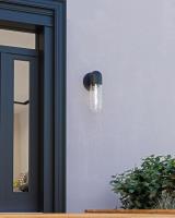 One Light Exterior Wall Mount by Kuzco Lighting - Lima Collection, Black/Clear Water Glass Finish - EW73210-BK/WC