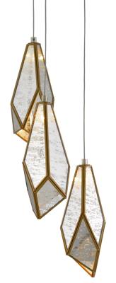 Three Light Pendant - Painted Silver/Antique Brass