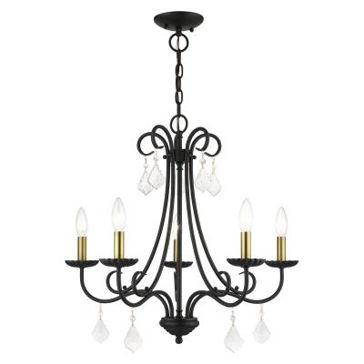 Five Light Chandelier - Black with Antique Brass