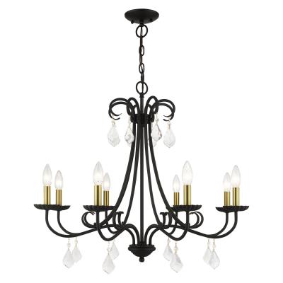 Eight Light Chandelier - Black with Antique Brass