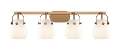Innovations Lighting 423-4W-BB-G410-6WH Pilaster II Sphere - 4 Light Bath Vanity in Industrial Style-10.13 Inches Tall and 36.5 Inches Wide, Finish Color: Brushed Brass, Glass Color: Matte White