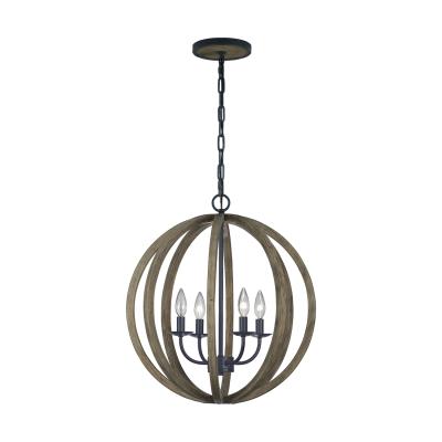 Four Light Pendant - Weathered Oak Wood / Antique Forged Iron