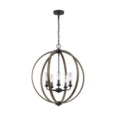 Five Light Outdoor Chandelier - Weathered Oak Wood / Antique Forged Iron