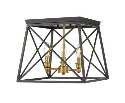 Three Light Flush Mount - Matte Black / Olde Brass