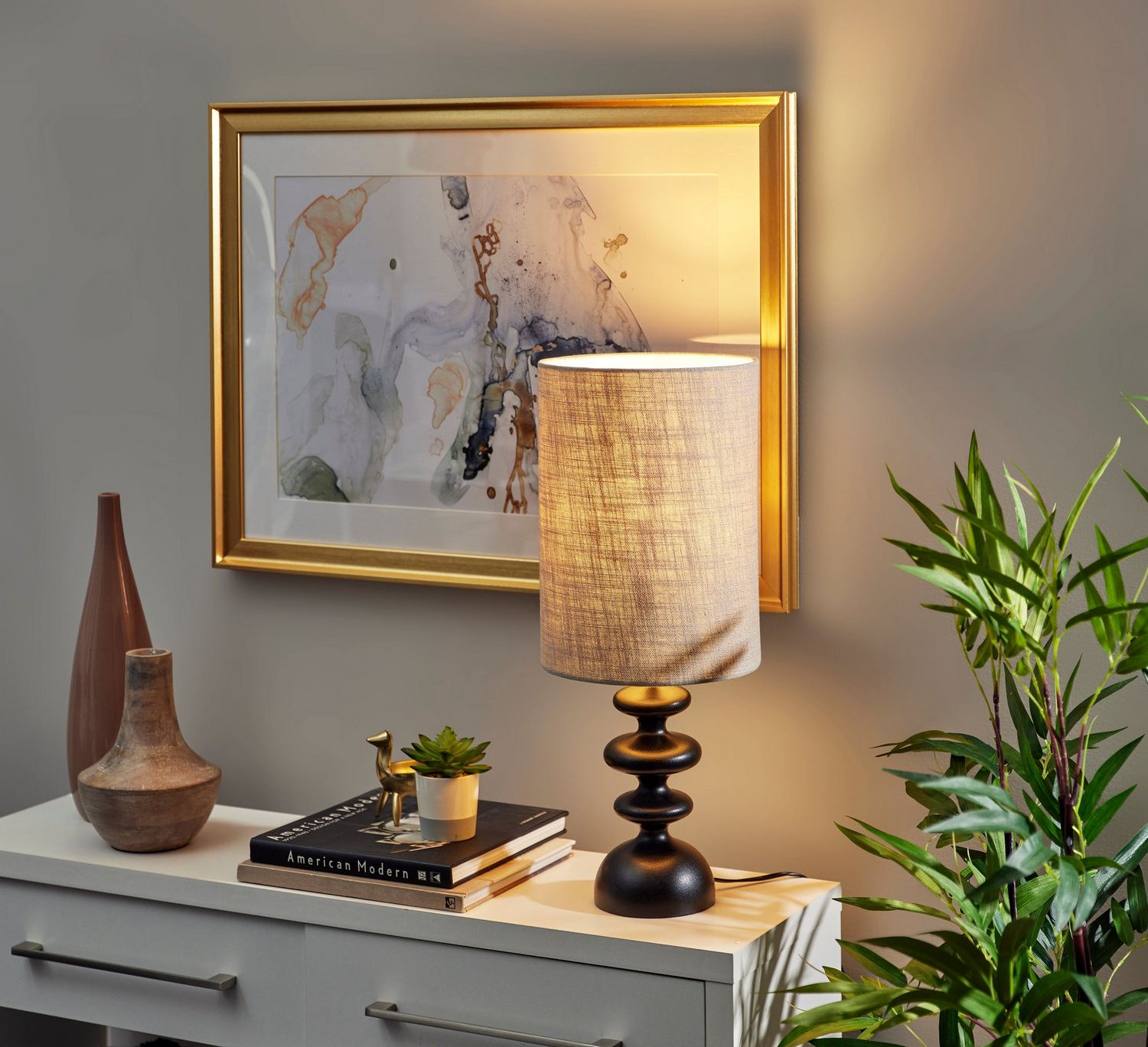 Beatrice Matte Black Polyresin Taupe Textured Fabric Table Lamp