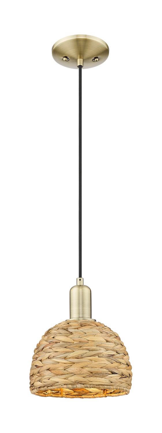 One Light Mini Pendant by Innovations - Arcadia Collection, Antique Brass Finish - 716-1P-AB-RBD-8-NAT
