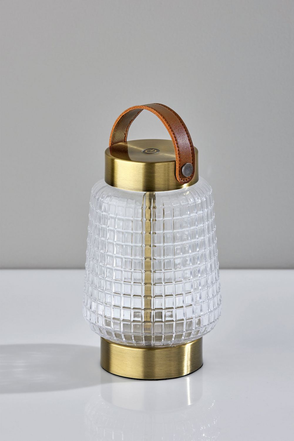 Clear Texture Glass, Antique Brass, Brown Leather LED Table Lamp from the Samara Collection