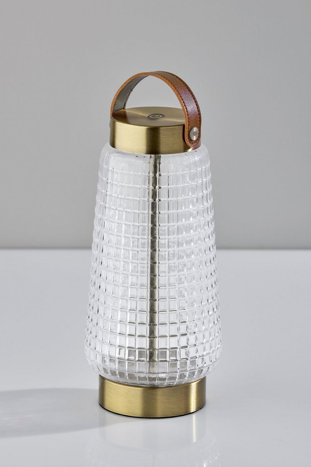 Clear Texture Glass, Antique Brass, Brown Leather LED Table Lamp from the Samara Collection