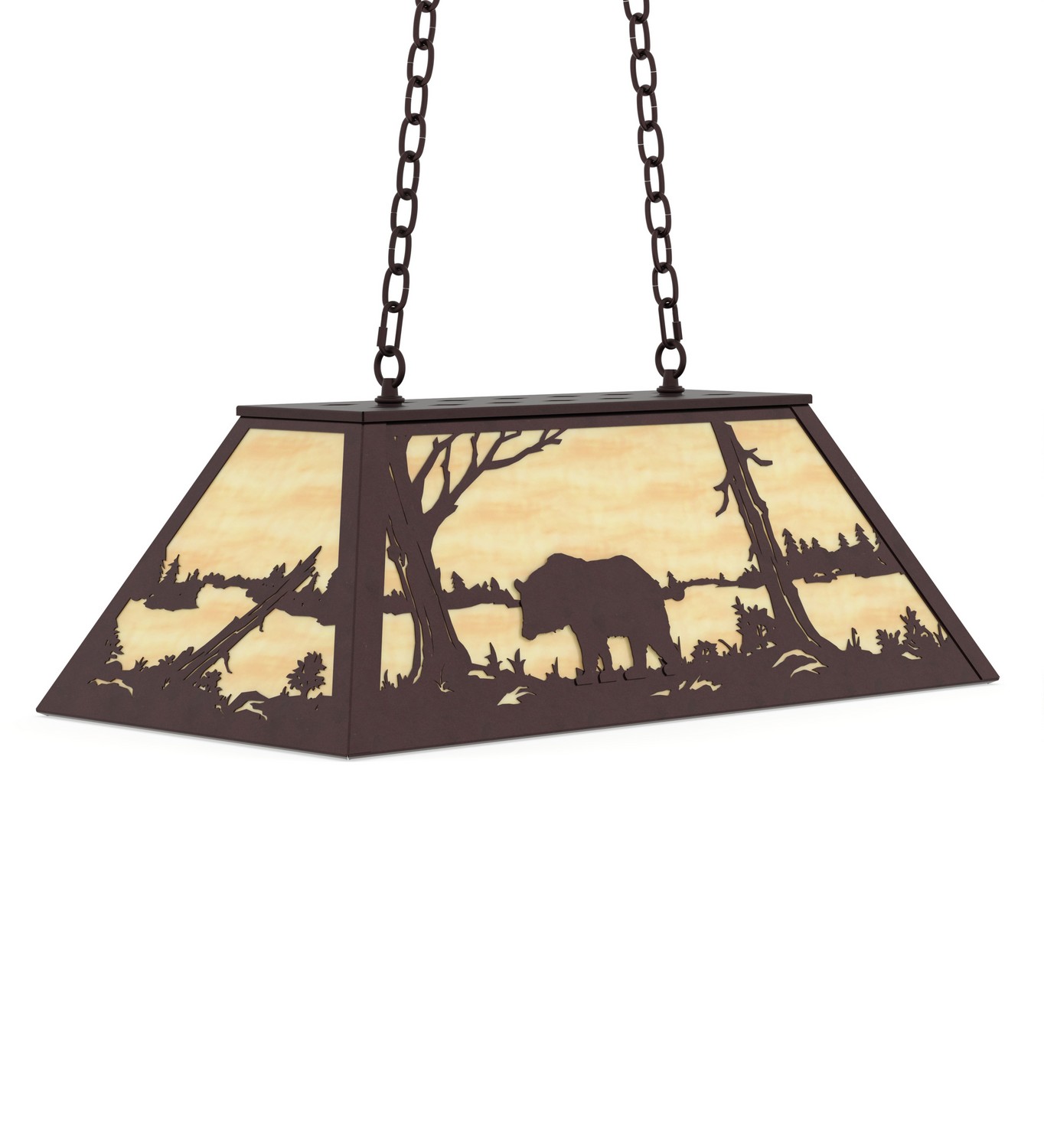 Drawing inspiration from the wildlife and natural beauty in the nearby Adirondack Mountains. This stunning_lighting fixture depicts a majestic Bear wandering around a woodland lake. A beautiful ambient glow projects through stunning Beige Art Glass which is complemented with_a Mahogany Bronze finish. The Bear at Lake oblong pendant is_ideal for lighting up kitchen islands, counters, bars, dining and billiard tables. The overall height ranges from 19 to 47.5 inches as the chain length can be easily adjusted in the_field. Made to Order in our 180,000 sq ft manufacturing facility in Yorkville, NY. Other nature inspired designs available, plus custom shade colors, metal finishes and pendant sizes. UL and cUL listed for damp and dry locations. Collection: Bear At Lake Finish: Mahogany Bronze Glass: Beige Art Glass Width: 17.00" Height: 19.00" Length: 33.00" Weight: 30.00 lb Number of Bulbs: 6 Maximum Wattage: 60.00 W Bulb Type: A19 Bulb Base: E26 Material: Steel Country of Origin: USA Safety Rating: Damp