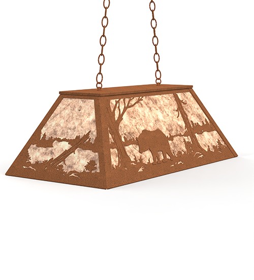Drawing inspiration from the wildlife and natural beauty in the nearby Adirondack Mountains. This stunning lighting fixture depicts a majestic Bear wandering around a woodland lake. A beautiful ambient glow projects through stunning Silver Mica which is complemented with an Earth finish. The Bear at Lake oblong pendant is ideal for lighting up kitchen islands, counters, bars, dining and billiard tables. The overall height ranges from 19 to 47.5 inches as the chain length can be easily adjusted in the field. Made to Order in our 180,000 sq ft manufacturing facility in Yorkville, NY. Other nature inspired designs available, plus custom shade colors, metal finishes and pendant sizes. UL and cUL listed for damp and dry locations. Collection: Bear At Lake Finish: Earth Glass: Silver Mica Width: 17.00" Height: 18.00" Length: 33.00" Weight: 20.00 lb Number of Bulbs: 6 Maximum Wattage: 60.00 W Bulb Type: A19 Bulb Base: E26 Material: Steel Country of Origin: USA Safety Rating: Damp