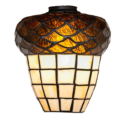 Every Meyda Tiffany item is a unique handcrafted work of art. Natural variations in the wide array of materials that we use to create each Meyda product make every item a masterpiece of its own. Photographs are a general representation of the product. Colors and designs will vary. Collection: Acorn Glass: Stained Glass Width: 7.00" Height: 7.50" Length: 7.00" Weight: 2.00 lb Country of Origin: CHINA