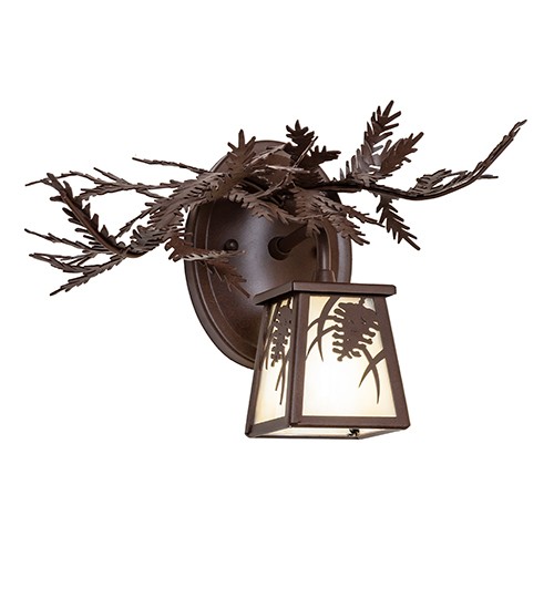 Every Meyda Tiffany item is a unique handcrafted work of art. Natural variations in the wide array of materials that we use to create each Meyda product make every item a masterpiece of its own. Photographs are a general representation of the product. Colors and designs will vary. Collection: Pine Branch Finish: Cafe Noir Glass: Sahara Taupe Idalight Width: 16.00" Height: 9.00" Length: 11.00" Weight: 2.50 lb Number of Bulbs: 1 Maximum Wattage: 60.00 W Bulb Type: JCD Bulb Base: G9 Material: Steel Country of Origin: USA Safety Rating: Damp