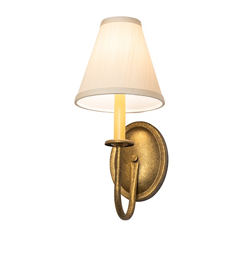 Designed as a sophisticated illuminating accent for any room or corridor. The Classic wall sconce features an Ivory faux candlelight crowned with an Eggshell Linen Shade, perched on a bobeche and embraced by a curved arm. This elegant fixture offers decorative hardware in an Antique Gold finish. It is perfect for illuminating corridors and entryways in residential and hospitality spaces. The Perouges Wall Sconce is featured in our American-made, American-designed, handcrafted Traditional Lighting Collection and manufactured in Yorkville, New York. The fixture is UL and cUL listed for dry and damp locations, however, we do not recommend installing it in spaces that experience excessive moisture due to the fabric shade. Collection: Perouges Finish: Antique Gold Glass: Eggshell Linen Width: 7.00" Height: 15.00" Length: 9.00" Weight: 2.00 lb Number of Bulbs: 1 Maximum Wattage: 60.00 W Bulb Type: BA9 Bulb Base: E12 Material: Steel Country of Origin: USA Safety Rating: Damp