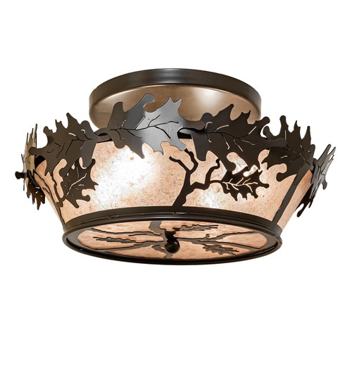 This elegantly rustic ceiling fixture features a curvaceous Silver Mica shade. The shade features Timeless Bronze-finished Oak leaf metal accents and hardware. The charming fixture is ideal for dining areas and hallways, creating a handsome rustic design statement in residential and hospitality settings. The Oak Leaf Semi-Flush Mount is included in our American-made, American-designed, handcrafted Nature-Inspired Lighting Collection, manufactured in Yorkville, New York. The fixture is UL and cUL listed for dry and damp locations. Upstate New York's adventurous playland, known as the Adirondack Mountains, with its many breathtaking forests, lakes, and rivers, is the spiritual birthplace of Meyda and inspires our rustic-themed mica collections. Collection: Oak Leaf Finish: Timeless Bronze Glass: Silver Mica Width: 20.00" Height: 10.00" Length: 20.00" Weight: 10.50 lb Number of Bulbs: 4 Maximum Wattage: 60.00 W Bulb Type: A19 Bulb Base: E26 Material: Steel Country of Origin: USA Safety Rating: Damp