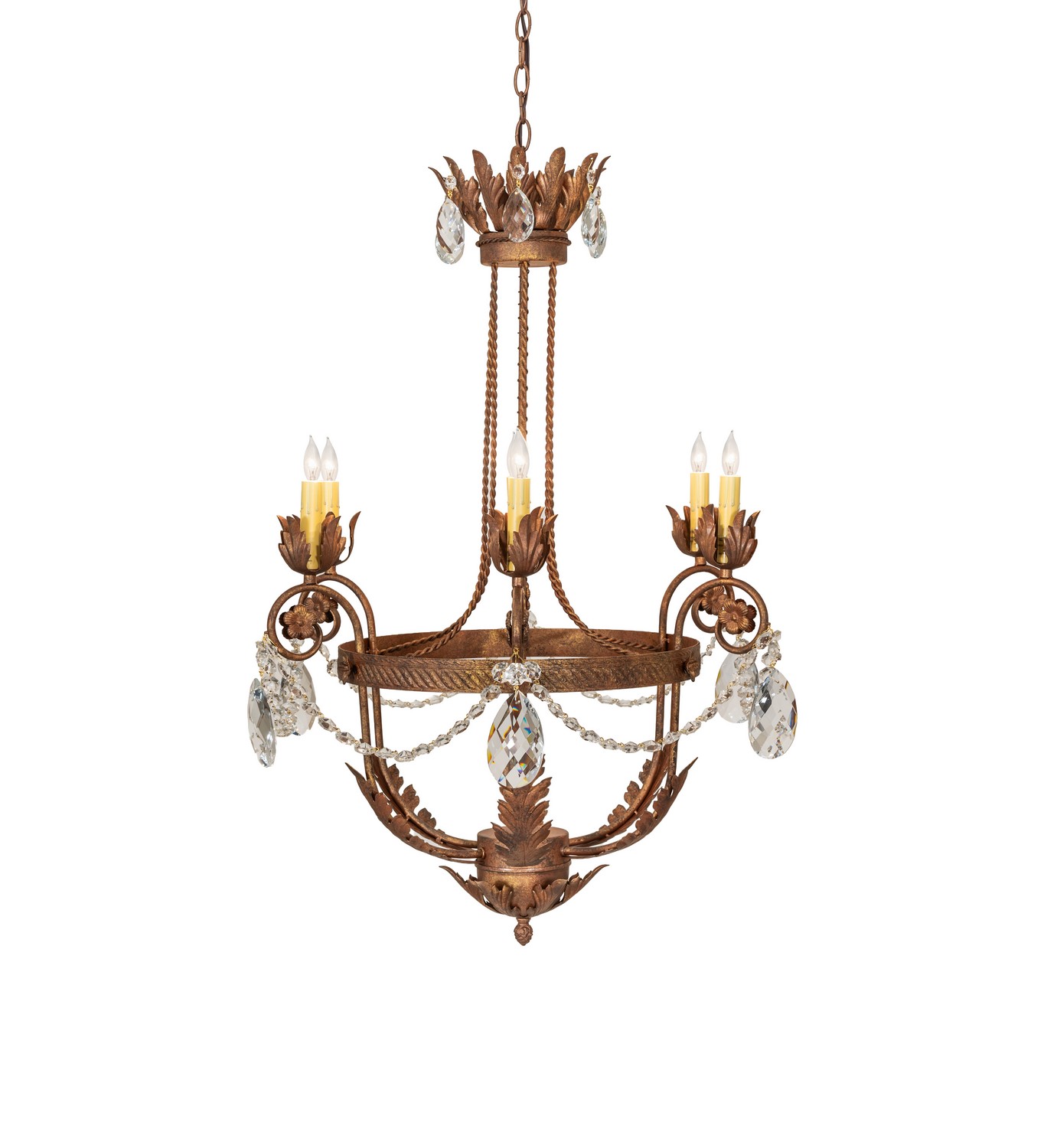 Exquisite styling and luxurious charm are reflected in the Antonia Chandelier, adorned with six Ivory faux candlelights perched on floral bobeches. The decorative accents and hand-forged Iron scrolled arms are offered in an Autumn Leaf finish and enhanced with Acanthus metal leaf and Crystal droplet accents. The fixture features quality materials and hand-detailed American craftsmanship, perfected over years of time-honored artistry passed down through generations of highly skilled artisans. Overall height ranges from 37 to 72 inches, with the chain adjusting easily on location. The Antonia Chandelier is included in our American-made, American-designed, handmade Traditional Lighting Collection and manufactured in Yorkville, New York. It is UL and cUL listed for dry and damp locations. Collection: Antonia Finish: Autumn Leaf Width: 26.00" Height: 37.00" Length: 26.00" Weight: 20.00 lb Number of Bulbs: 6 Maximum Wattage: 40.00 W Bulb Type: B10 Bulb Base: E12 Material: Steel/Crystal Country of Origin: USA Safety Rating: Damp