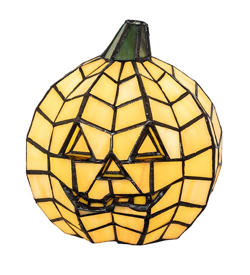 A charming accent lamp and a hauntingly beautiful work of art for Halloween and throughout the Autumn season. The Orange pumpkin-designed Jack O'Lantern is handcrafted using the famous Meyda Tiffany copper-foil construction process. The Lighted Sculpture is ideal as an illuminating accent piece on mantels, credenzas, occasional tables, and other spaces in residential and hospitality settings. The Jack O'Lantern Accent Lamp is included in our American-designed, handcrafted Halloween Collection. UL and cUL listed for dry locations. Each lamp is a unique work of art, with color variations arising from natural ingredients inherent in the glass. Collection: Jack O'Lantern Glass: Stained Glass Width: 7.00" Height: 8.00" Length: 6.50" Number of Bulbs: 1 Maximum Wattage: 7.00 W Bulb Type: C-7 Bulb Base: E12 Country of Origin: CHINA Safety Rating: Dry