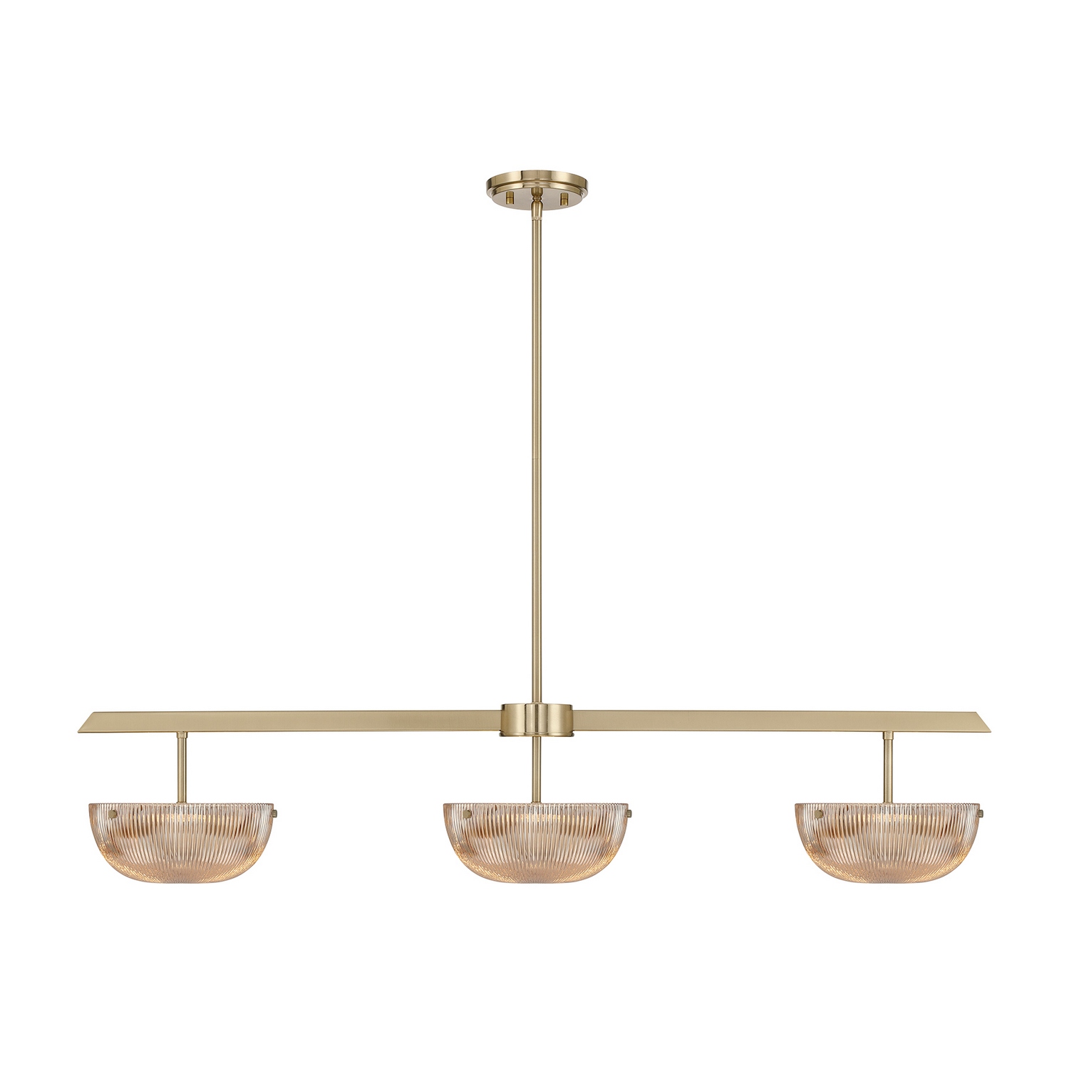 The Savoy House Hubbard 3-light trestle chandelier delivers streamlined elegance with a thoughtfully textural touch. Three cup-like shades of champagne-toned ribbed glass softly veil the integrated LED illumination while adding dimension and visual warmth. The sleek Noble Brass finish gives Hubbard a polished, contemporary feel that works beautifully above kitchen islands, bars, and dining spaces. Hubbard is 44" in width, 9.125" in length and has an adjustable height from 8.5" to 62.5". Comes with four 12" downrods and one 6" downrod. Integrated LED delivers 1611 lumens at 3000K color temperature and 90 CRI. Collection: Hubbard Rooms: Bedroom, Closet, Dining Room, Entryway, Family Room, Foyer, Great Room, Kitchen, Living Room, Lobby, Waiting Room, Media Room Finish: Noble Brass Glass: Champagne Ribbed Width: 44.00" Height: 8.50" Length: 9.13" Weight: 16.36 lb Wire: 80" Rod: 4 x 12" & 1 x 6" Canopy: 1" x 5.13" x 5.13" Bulbs Included Number of Bulbs: 3 Maximum Wattage: 10.00 W Bulb Base: Integrated Light Source: LED Delivered Lumens: 1611.00 lm Color Temperature: 3000 K CRI: 90 Dimmable Voltage: 120.00 V Material: Metal, Glass Safety Listing: ETL/CETL Safety Rating: Dry LED
