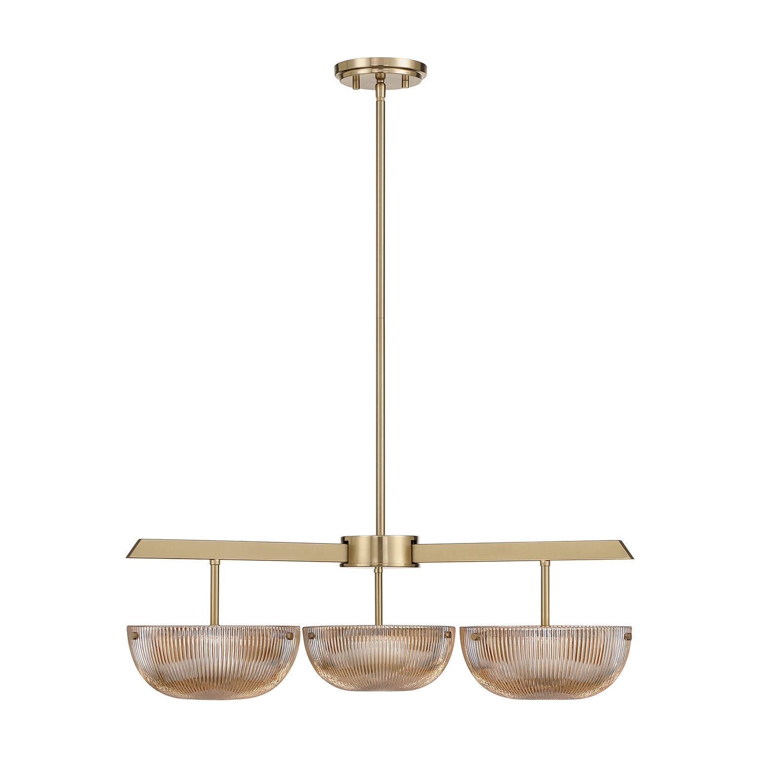 The Savoy House Hubbard 3-light chandelier reimagines vintage-inspired lighting through a clean, modern lens. Three cup-like shades of champagne-toned ribbed glass add visual texture while softly diffusing the integrated LED illumination within. The radiant Noble Brass finish enhances Hubbard's refined simplicity, making it a stylish addition to dining spaces, bedrooms, entryways, and beyond. Hubbard is 30" in width and has an adjustable height from 8.5" to 62.5". Comes with four 12" downrods and one 6" downrod. Integrated LED delivers 1611 lumens at 3000K color temperature and 90 CRI. Collection: Hubbard Rooms: Bedroom, Closet, Dining Room, Entryway, Family Room, Foyer, Great Room, Kitchen, Living Room, Lobby, Waiting Room, Media Room Finish: Noble Brass Glass: Champagne Ribbed Width: 30.00" Height: 8.50" Length: 30.00" Weight: 16.28 lb Wire: 80" Rod: 4 x 12" & 1 x 6" Canopy: 1" x 5.13" x 5.13" Bulbs Included Number of Bulbs: 3 Maximum Wattage: 10.00 W Bulb Base: Integrated Light Source: LED Delivered Lumens: 1611.00 lm Color Temperature: 3000 K CRI: 90 Dimmable Voltage: 120.00 V Material: Metal, Glass Safety Listing: ETL/CETL Safety Rating: Dry LED