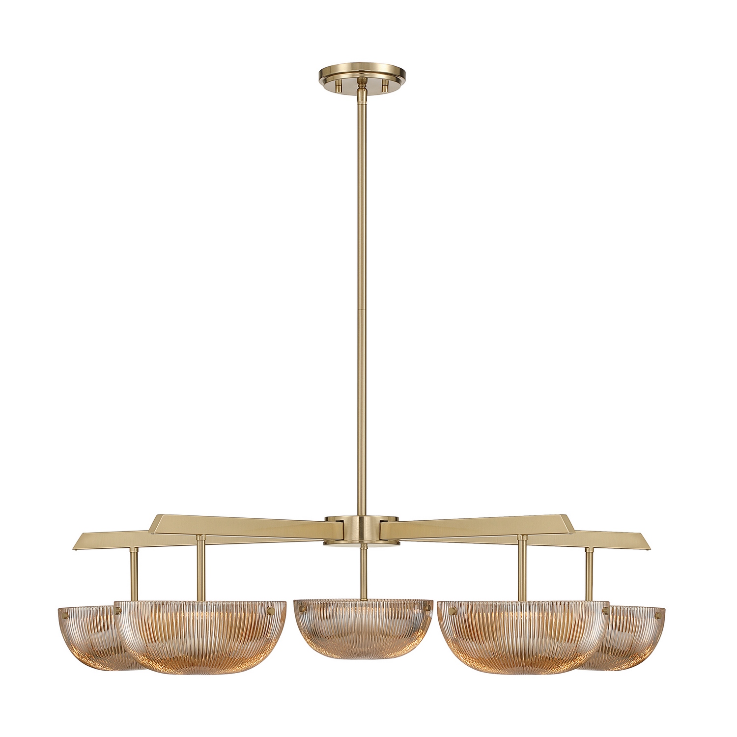 The Savoy House Hubbard 5-light chandelier offers a fresh interpretation of classic lighting style through clean lines and thoughtfully layered materials. Five cup-like shades of champagne-toned ribbed glass softly diffuse the integrated LED light, creating an inviting illumination with beautiful texture. Finished in luminous Noble Brass, Hubbard brings an elevated sense of polish and contemporary elegance to dining areas, foyers, and open-concept spaces. Hubbard is 38" in width and has an adjustable height from 8.5" to 62.5". Comes with four 12" downrods and one 6" downrod. Integrated LED delivers 2549 lumens at 3000K color temperature and 90 CRI. Collection: Hubbard Rooms: Bedroom, Closet, Dining Room, Entryway, Family Room, Foyer, Great Room, Kitchen, Living Room, Lobby, Waiting Room, Media Room Finish: Noble Brass Glass: Champagne Ribbed Width: 38.00" Height: 8.50" Length: 38.00" Weight: 24.13 lb Wire: 80" Rod: 4 x 12" & 1 x 6" Canopy: 1" x 5.13" x 5.13" Bulbs Included Number of Bulbs: 5 Maximum Wattage: 10.00 W Bulb Base: Integrated Light Source: LED Delivered Lumens: 2549.00 lm Color Temperature: 3000 K CRI: 90 Dimmable Voltage: 120.00 V Material: Metal, Glass Safety Listing: ETL/CETL Safety Rating: Dry LED