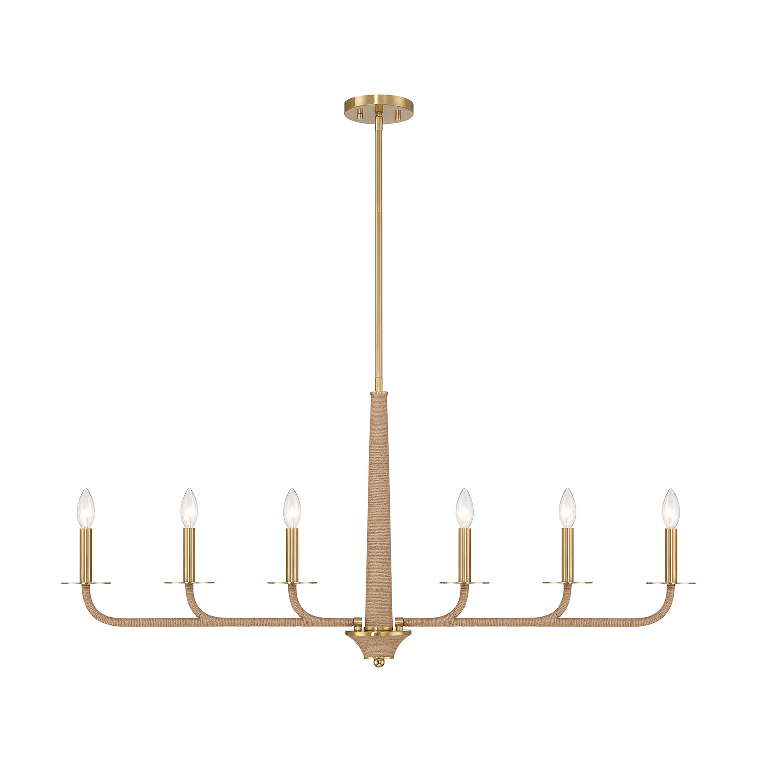 The Savoy House Cannon 6-light trestle chandelier reimagines a classic lighting silhouette through richly layered natural texture. Its center columns and arms are wrapped in organic rope, introducing artisanal character and tactile dimension to the streamlined linear form. Warm Brass accents provide polished contrast, beautifully balancing Cannon's relaxed organic influence with refined sophistication. This striking trestle light is especially well-suited for kitchen islands, dining tables, and other elongated gathering spaces. Cannon is 44" in width, 3.5" in length and has an adjustable height ranging from 20" to 74". Uses six candelabra size bulbs of up to 60 watts per bulb. Bulbs not included. Comes with four 12" downrods and one 6" downrod. Collection: Cannon Rooms: Bedroom, Closet, Dining Room, Entryway, Family Room, Foyer, Great Room, Kitchen, Living Room, Lobby, Waiting Room, Media Room Finish: Warm Brass and Rope Width: 44.00" Height: 20.00" Length: 3.50" Weight: 10.56 lb Wire: 80" Rod: 4 x 12" & 1 x 6" Canopy: 1" x 5.88" x 5.88" Number of Bulbs: 6 Maximum Wattage: 60.00 W Bulb Base: E12 Light Source: Incandescent/LED Dimmable Voltage: 120.00 V Material: Metal, Rope Safety Listing: ETL/CETL Safety Rating: Dry LED