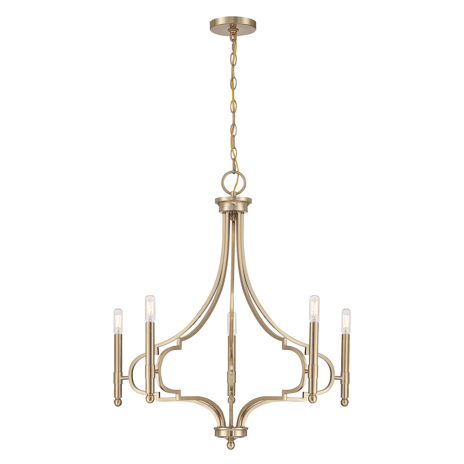 The Savoy House Woodlawn 5-light chandelier brings graceful sophistication to transitional interiors through its balanced blend of classic inspiration and clean-lined styling. Its refined silhouette is timeless yet fresh, creating an elegant focal point without overwhelming the space. Finished in luminous Noble Brass, Woodlawn radiates warmth and polished refinement that beautifully complements dining rooms, living spaces, foyers, and beyond. Woodlawn is 29.88" in height and 28" in width. It uses five candelabra size bulbs of up to 60 watts per bulb. Bulbs not included. Comes with 120" of chain. Collection: Woodlawn Rooms: Bedroom, Closet, Dining Room, Entryway, Family Room, Foyer, Great Room, Kitchen, Living Room, Lobby, Waiting Room, Media Room Finish: Noble Brass Width: 28.00" Height: 29.88" Length: 28.00" Weight: 7.57 lb Chain: 120" Wire: 144" Canopy: 0.75"x5"x5" Number of Bulbs: 5 Maximum Wattage: 60.00 W Bulb Base: E12 Light Source: Incandescent/LED Dimmable Voltage: 120.00 V Material: Metal Safety Listing: ETL/CETL Safety Rating: Dry LED Spec Sheet