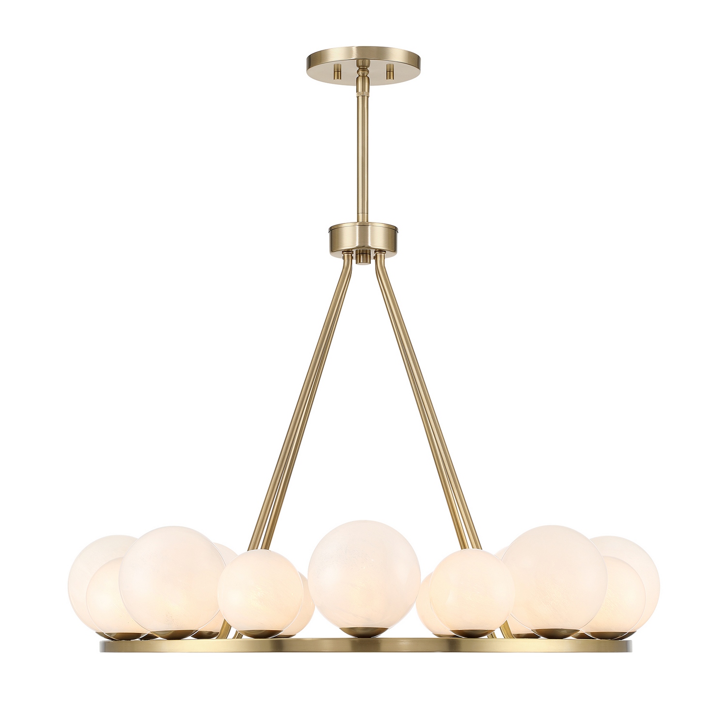 The Savoy House Loudon 16-light chandelier transforms illumination into modern art through its flowing composition of luminous strie glass orbs. Glass spheres in two distinct sizes orbit gracefully around the open framework, creating remarkable movement, texture, and visual rhythm throughout the design. Finished in radiant Noble Brass, Loudon balances airy elegance with dramatic scale, making it an unforgettable centerpiece for dining rooms, foyers, and grand living spaces. Loudon is 30" in width and has an adjustable height ranging from 22.5" to 76.5". It uses sixteen G9 bulbs of up to 40 watts per bulb. Bulbs not included. Comes with four 12" downrods and one 6" downrod. Collection: Loudon Rooms: Bedroom, Closet, Dining Room, Entryway, Family Room, Foyer, Great Room, Kitchen, Living Room, Lobby, Waiting Room, Media Room Finish: Noble Brass Glass: Strie Width: 30.00" Height: 22.50" Length: 30.00" Weight: 19.38 lb Wire: 80" Rod: 4 x 12" & 1 x 6" Canopy: 0.75"x6"x6" Number of Bulbs: 16 Maximum Wattage: 40.00 W Bulb Base: G9 Light Source: Incandescent/LED Dimmable Voltage: 120.00 V Material: Metal, Glass Safety Listing: ETL/CETL Safety Rating: Dry LED Spec Sheet