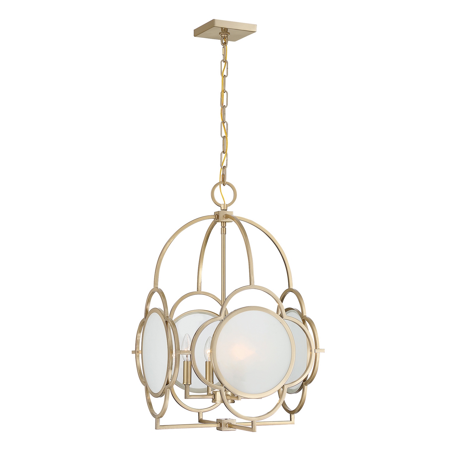 The Savoy House Damen 4-light pendant transforms classic quatrefoil styling into an airy, sophisticated centerpiece. Its open frame showcases graceful geometric detailing with subtle floral influence, creating a look that feels delicate yet architectural. Frosted glass lenses soften the illumination while introducing beautiful texture and depth to the design. Finished in luminous Noble Brass, Damen balances elegance and openness beautifully for a refined statement in dining spaces, bedrooms, foyers, and beyond. Damen is 26.25" in height and 17" in width. It uses four candelabra size bulbs of up to 60 watts per bulb. Bulbs not included. Comes with 120" of chain. Collection: Damen Rooms: Bedroom, Billiard Room, Dining Room, Foyer, Kitchen, Office, Powder Room, Stairway, Lobby, Waiting Room, Media Room Finish: Noble Brass Glass: Frosted Seeded Width: 17.00" Height: 26.25" Length: 17.00" Weight: 9.20 lb Chain: 120" Wire: 144" Canopy: 0.75"x5"x5" Number of Bulbs: 4 Maximum Wattage: 60.00 W Bulb Base: E12 Light Source: Incandescent/LED Dimmable Voltage: 120.00 V Material: Metal, Glass Safety Listing: ETL/CETL Safety Rating: Dry LED Spec Sheet