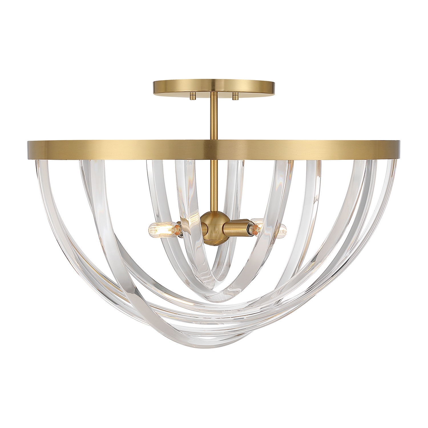 The Savoy House Jennings 4-light ceiling semi-flush mount pairs flowing acrylic detail with warm metallic tones for a look that is luxurious and inviting. Gracefully draped strands encircle the light sources to create soft movement, layered texture, and eye-catching dimension. The Warm Brass finish enriches the design with a welcoming glow that beautifully complements Jennings' elegant silhouette. Jennings is 17" in height and 24" in width. It uses four candelabra size bulbs of up to 60 watts per bulb. Bulbs not included. Collection: Jennings Rooms: Bedroom, Billiard Room, Closet, Dining Room, Entryway, Family Room, Garage, Great Room, Kitchen, Hallway, Living Room, Office, Powder Room, Stairway, Sunroom, Workshop, Lobby, Waiting Room, Media Room Finish: Warm Brass Crystal: Acrylic Width: 24.00" Height: 17.00" Length: 24.00" Weight: 12.50 lb Canopy: 0.75" x 8" x 8" Number of Bulbs: 4 Maximum Wattage: 60.00 W Bulb Base: E12 Light Source: Incandescent/LED Dimmable Voltage: 120.00 V Material: Metal, Acrylic Safety Listing: ETL/CETL Safety Rating: Dry LED