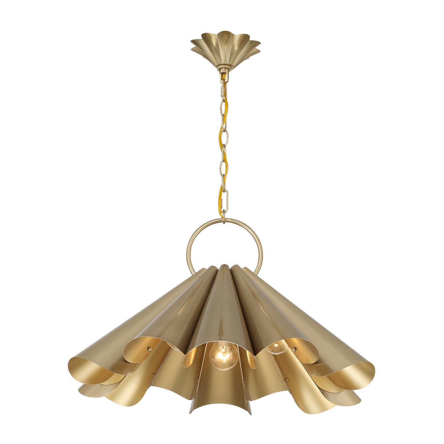 The Savoy House Vinton 3-light pendant transforms classic metalwork into a bold sculptural statement. Its dramatically flared metal shade features deep pleating that introduces striking movement and dimensionality while directing illumination downward in a warm, focused glow. A coordinating canopy reinforces the fixture's layered geometry while the oversized suspension ring adds an architectural finishing touch. Finished in radiant Noble Brass, Vinton brings polished drama and high-design sophistication to dining rooms, kitchens, and statement-making interiors. Vinton is 15" in height and 26" in width. Uses three standard size bulbs of up to 60 watts per bulb. Bulbs not included. Comes with 120" of chain. Collection: Vinton Rooms: Bedroom, Billiard Room, Dining Room, Foyer, Kitchen, Office, Powder Room, Stairway, Lobby, Waiting Room, Media Room Finish: Noble Brass Width: 26.00" Height: 15.00" Length: 26.00" Weight: 11.22 lb Chain: 120" Wire: 144" Canopy: 2" x 5.88" x 5.88" Number of Bulbs: 3 Maximum Wattage: 60.00 W Bulb Base: E26 Light Source: Incandescent/LED Dimmable Voltage: 120.00 V Material: Metal Safety Listing: ETL/CETL Safety Rating: Dry LED
